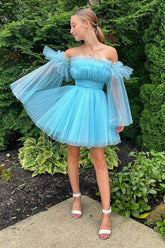 A-Line Blue Homecoming Dress Tulle Short Prom Dress with Detachable Long Sleeves
